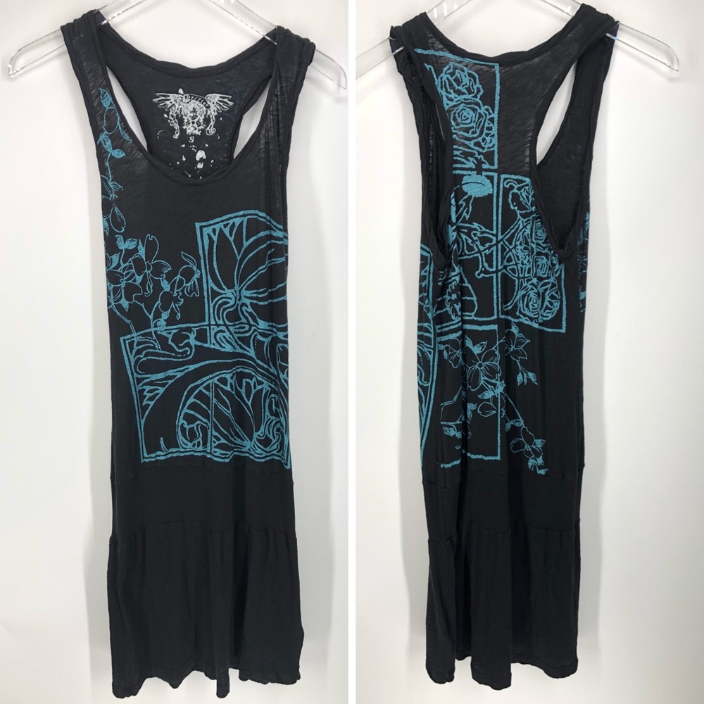 DRIFTER Women's Knit Racerback Tunic Mini Dress S Black Drop Waist